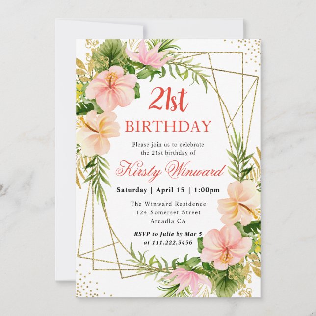 Pink Tropical Flowers & Gold Frame 21st Birthday Invitation (Front)