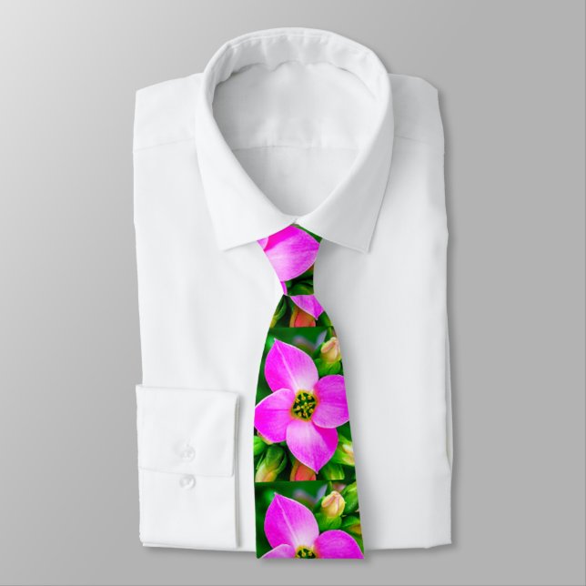 Pink Tropical Flowers Pattern Neck Tie (Tied)