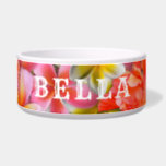 Pink Tropical Flowers Pets Name Food Bowl<br><div class="desc">Beautiful tropical flowers,  custom dog or cat bowl with name.  Pretty pink and orange hibiscus and plumeria flowers with bold white lettering - use all caps as in the sample or lower case as you prefer.</div>