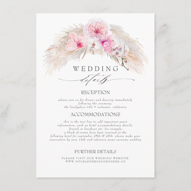 Pink Tropical Flowers Wedding Information Enclosure Card (Front)
