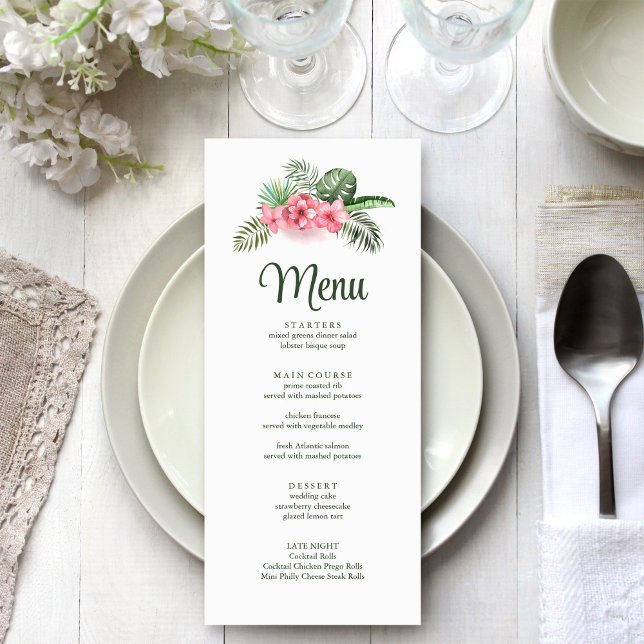 Pink Tropical Flowers Wedding Menu (Pink Tropical Flowers Wedding Menu on white wedding table.)
