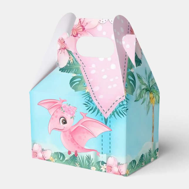 Pink Tropical Flying Dinosaur Baby Shower  Favor Boxes (Front Side)