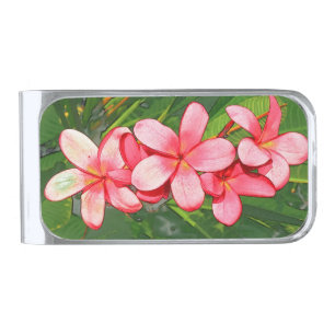 Pink Tropical Frangipani Art Silver Finish Money Clip