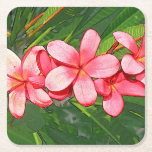Pink Tropical Frangipani Art Square Paper Coaster