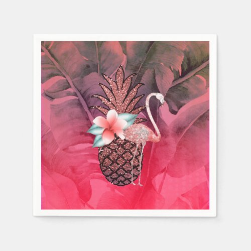 Pink Tropical Glitter Pineapple Luau Party Napkins