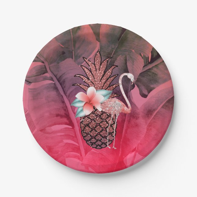 Pink Tropical Glitter Pineapple Luau Party Paper Plates (Front)
