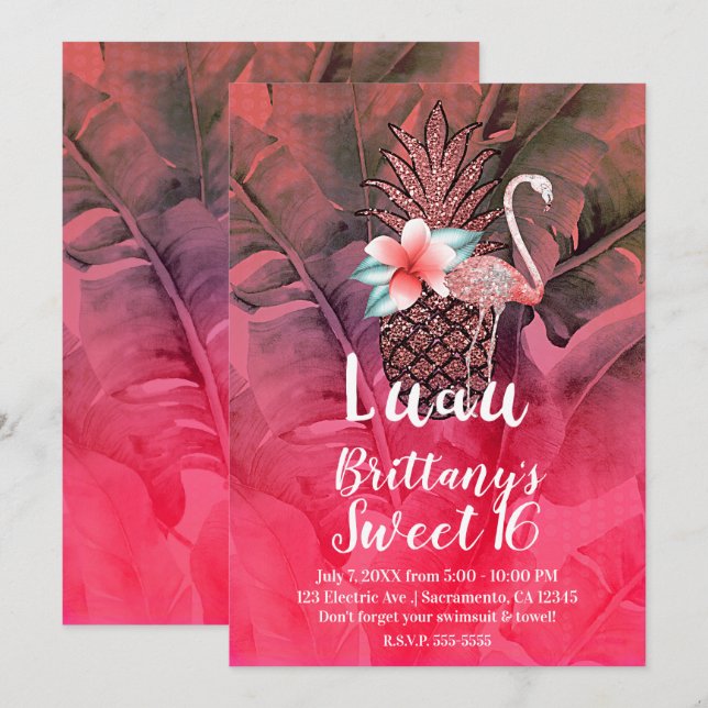 Pink Tropical Glitter Pineapple Luau Sweet 16 Invitation (Front/Back)