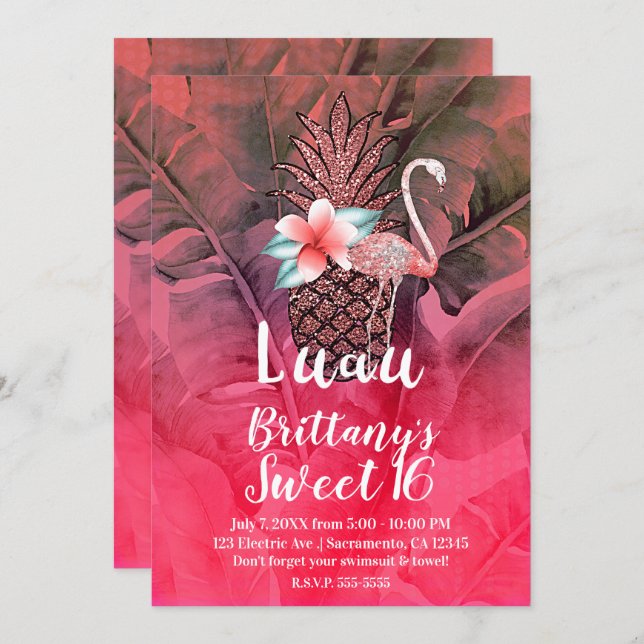 Pink Tropical Glitter Pineapple Luau Sweet 16 Invitation (Front/Back)