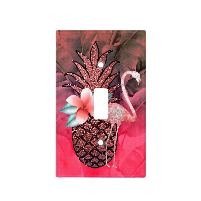 Pink Tropical Glitter Pineapple Palm Leaves Chic Light Switch Cover (Front)