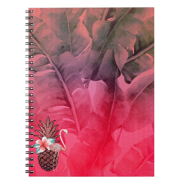 Pink Tropical Glitter Pineapple Palm Leaves Chic Notebook (Front)