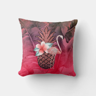 Pink Tropical Glitter Pineapple Palm Leaves Chic Throw Pillow