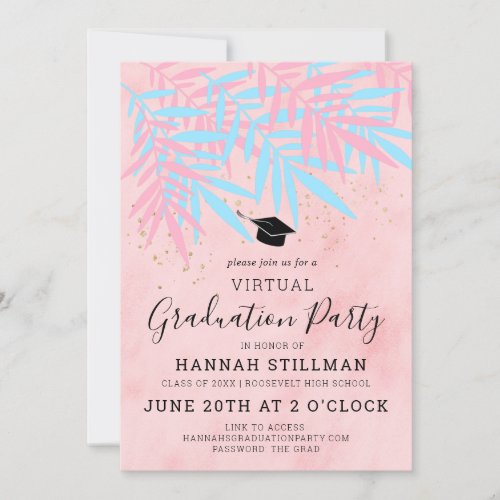 Pink Tropical Gold Frame Photos Virtual Graduation Invitation