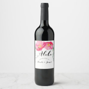 Pink Tropical Green Leaf Floral Aloha Wedding Wine Label