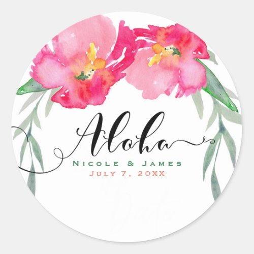 Pink Tropical Green Leaf Vine Floral Aloha Party Classic Round Sticker