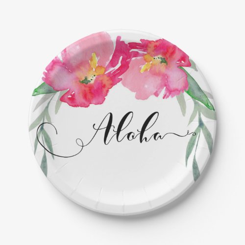 Pink Tropical Green Leaf Vine Floral Aloha Party Paper Plates