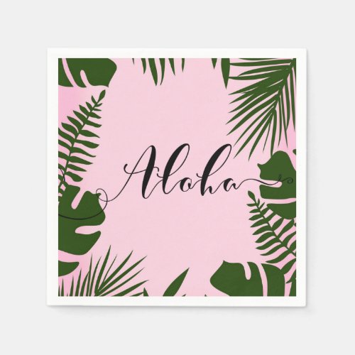 Pink Tropical Green Leaves Beach Summer Aloha Luau Paper Napkins