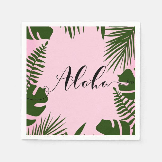 Pink Tropical Green Leaves Beach Summer Aloha Luau Paper Napkins (Front)
