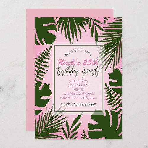 Pink Tropical Green Leaves Summer Birthday Party Invitation