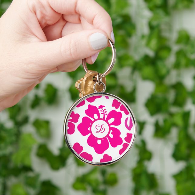 Pink tropical Hawaii Hibiscus Floral Pattern Keychain (Hand)