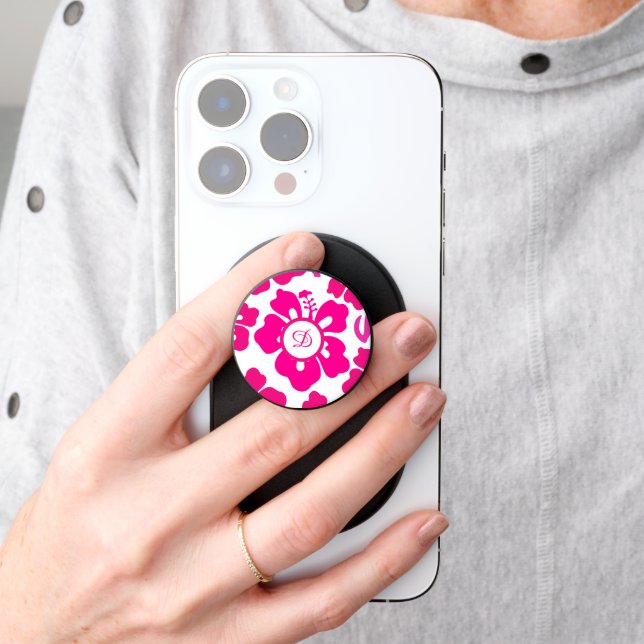 Pink tropical Hawaii Hibiscus Floral Pattern PopSocket (Hand)