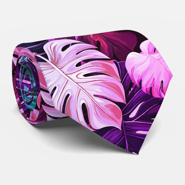 Pink Tropical Hawaiian monstera pattern  Neck Tie (Rolled)