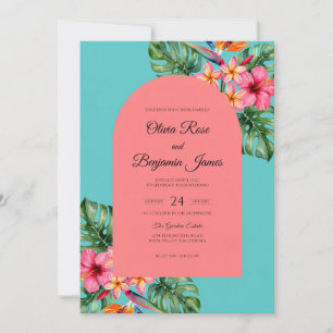Pink Tropical Hibiscus Eucalyptus Wedding Invitation