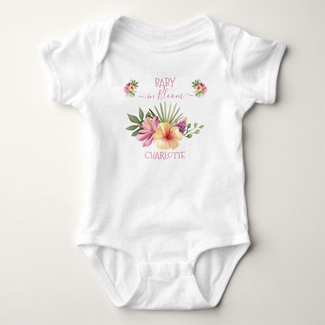 Pink Tropical Hibiscus Floral Baby in Bloom Baby Bodysuit (Front)