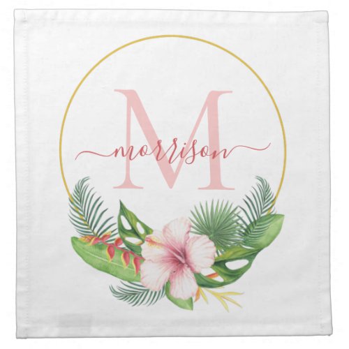 Pink Tropical Hibiscus Floral Circle Monogram Cloth Napkin