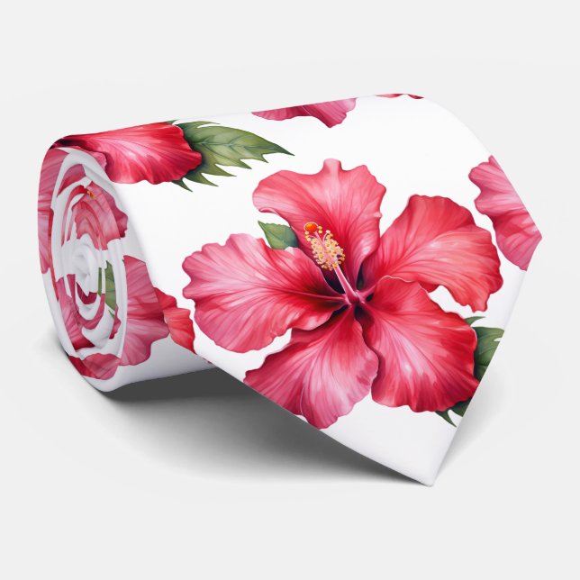 Pink Tropical Hibiscus Floral Flower Faux Silk Neck Tie (Rolled)