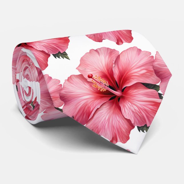 Pink Tropical Hibiscus Floral Flower Faux Silk Neck Tie (Rolled)