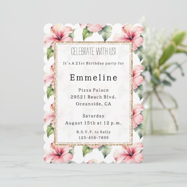 Pink Tropical Hibiscus Floral Gold Glitter Invitation (Standing Front)