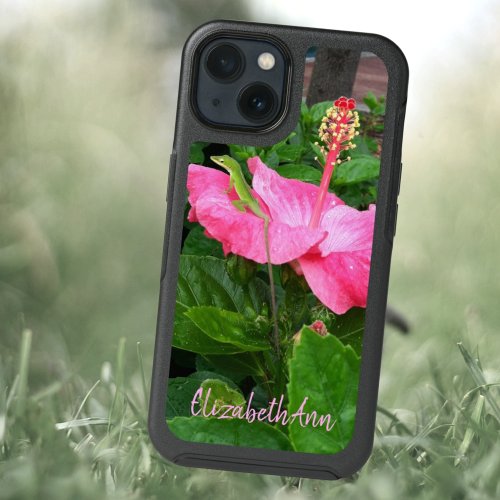 Pink Tropical Hibiscus Flower Green Anole Lizard iPhone 13 Case