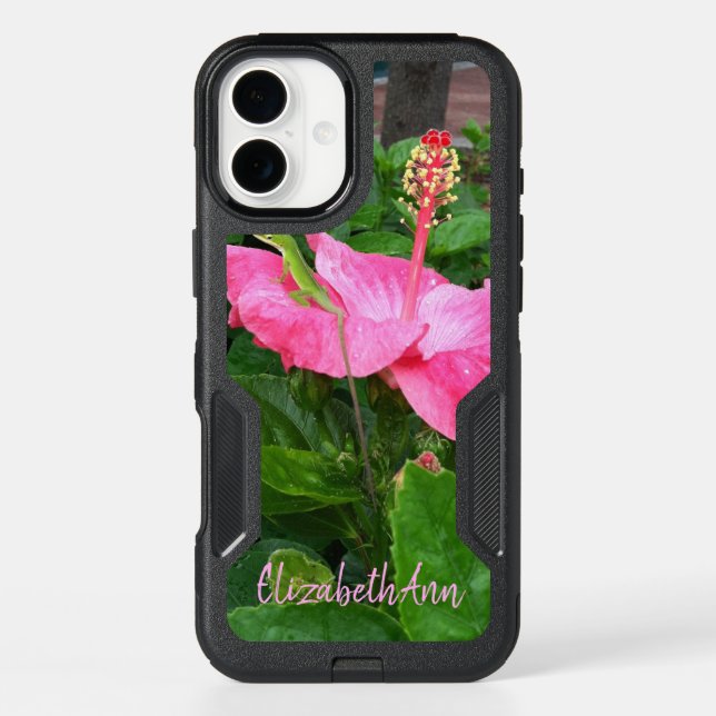 Pink Tropical Hibiscus Flower Green Anole Lizard Otterbox iPhone Case (Back)