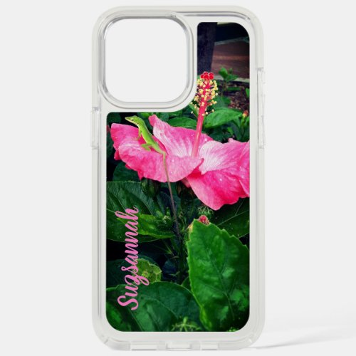 Pink Tropical Hibiscus Flower Green Anole Lizard iPhone 15 Pro Max Case