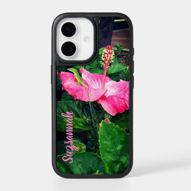 Pink Tropical Hibiscus Flower Lizard Custom Otterbox iPhone Case (Back)