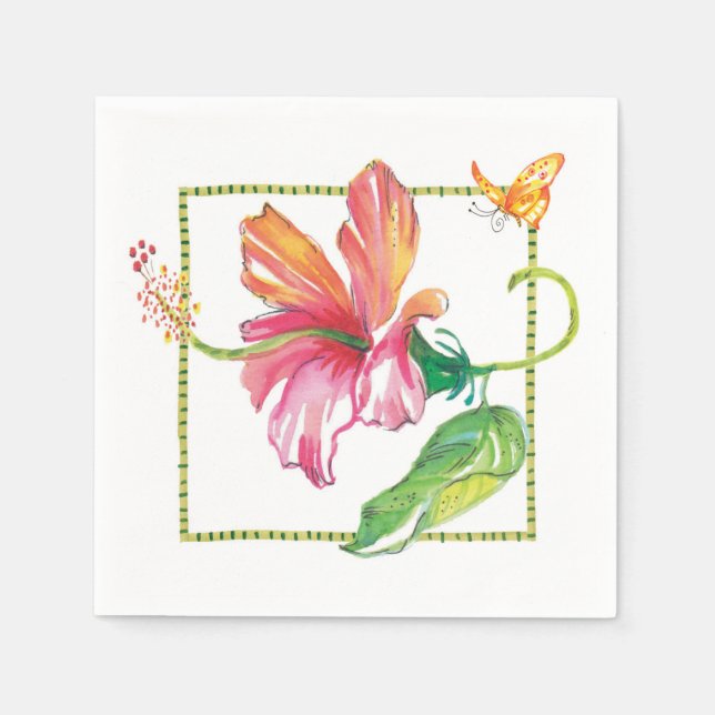 Pink Tropical Hibiscus Flower Orange Butterfly Napkins (Front)