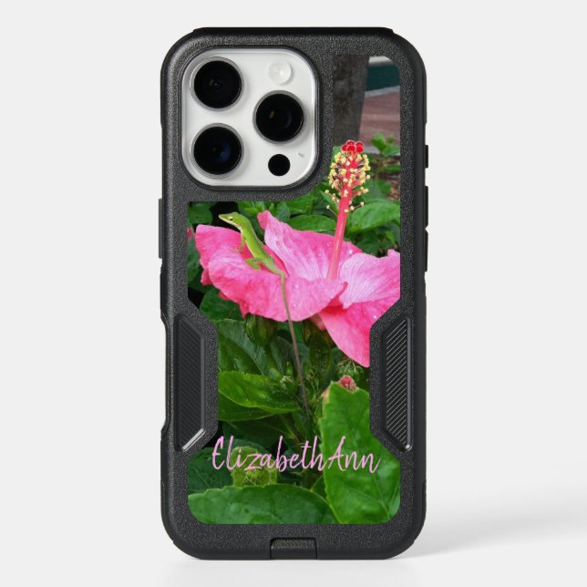 Pink Tropical Hibiscus Flowerl Green Anole Lizard Otterbox iPhone Case (Back)