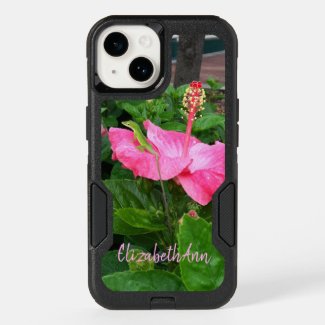 Pink Tropical Hibiscus Flowerl Green Anole Lizard