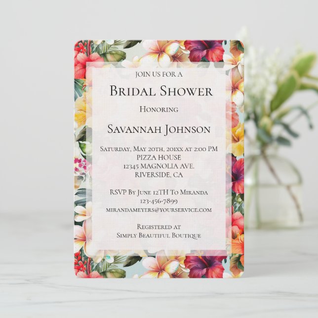 Pink Tropical Hibiscus Flowers Mint Bridal Shower Invitation (Standing Front)
