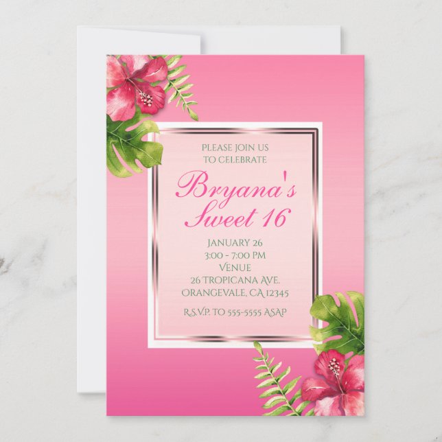 Pink Tropical Hibiscus & Leaves Party Invitations (Front)