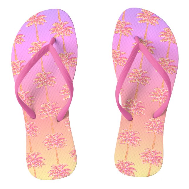 Pink Tropical Island Sunset Palm Tree Flip Flops (Footbed)