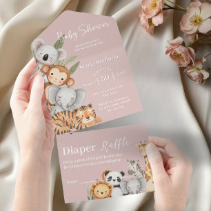 Pink Tropical Jungle Safari Baby Shower Animals All In One Invitation