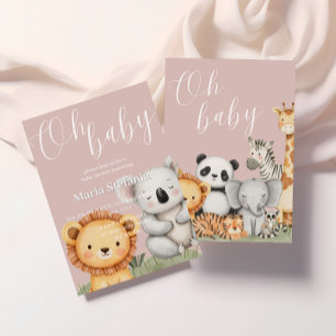 Pink Tropical Jungle Safari Baby Shower Animals I Invitation