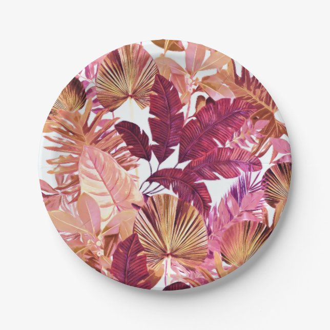 Pink Tropical Leaf Pattern Paper Plate (Front)