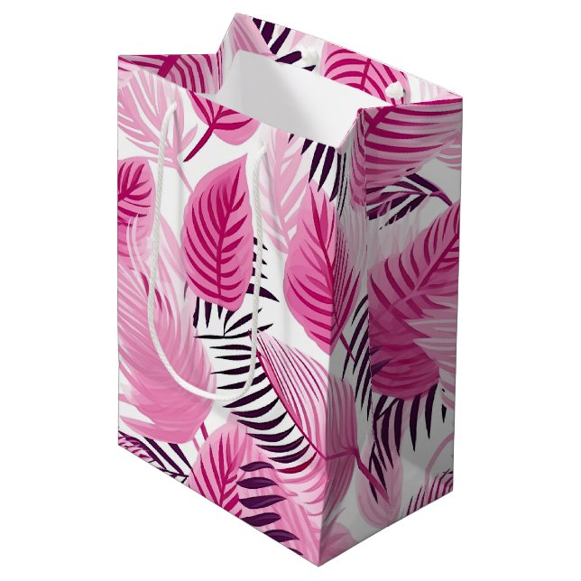 Pink Tropical Leaves  Medium Gift Bag (Front Angled)