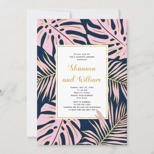 Pink tropical leaves navy wedding couples shower invitation