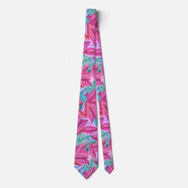 Pink Tropical Leaves Neck Tie (Front)