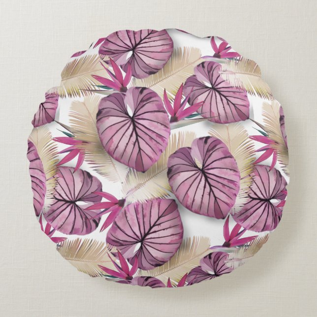 Pink tropical leaves round pillow (Front)