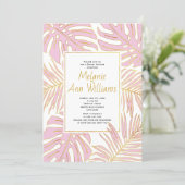 Pink tropical leaves wedding bridal shower invitation (Standing Front)