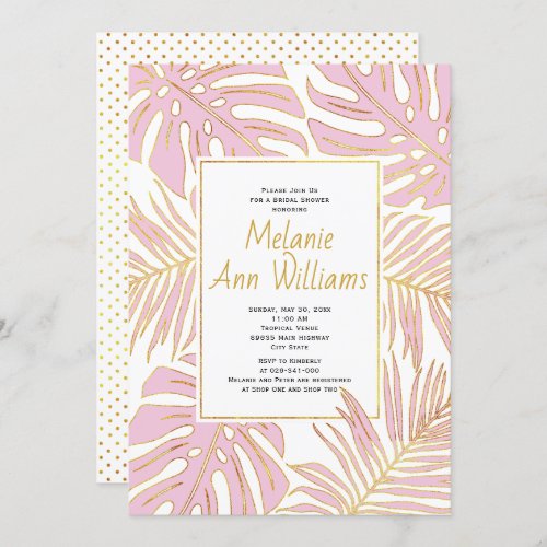 Pink tropical leaves wedding bridal shower invitation